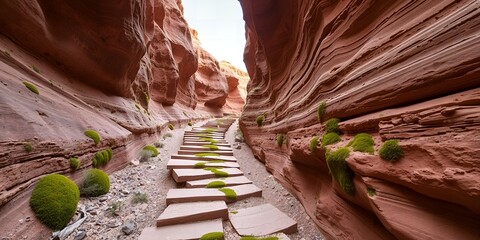 A path of stone steps winds through a narrow canyon with towering red rock walls and scattered green moss