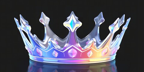 A translucent iridescent crown with faceted gems displayed against a dark reflective surface