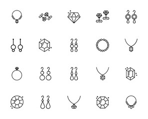 Jewelry icon set. Vector illustration pack. Featurespendant, earrings, diamondring, diamond and more. Edtable vector stroke.