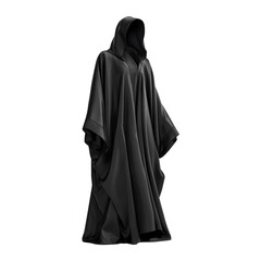 Elegant long black hooded abaya for women isolated on a transparent background studio shot.
