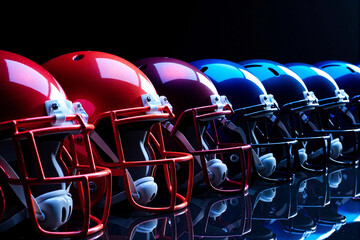 Row of shiny red and blue American football helmets facing each other on a black reflective surface representing team competition and championship rivalry