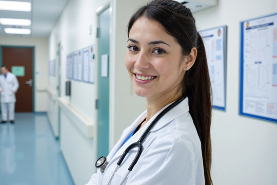 Smiling young female doctor or nurse in a white medical coat with a stethoscope stands in a blurred hospital corridor ready to help patients in a clinic
