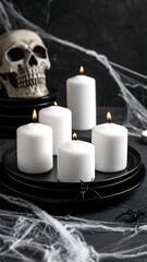 Spooky Halloween still life with skull, candles, plates, and cobwebs