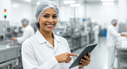 Quality control inspector using a digital tablet in a modern food factory