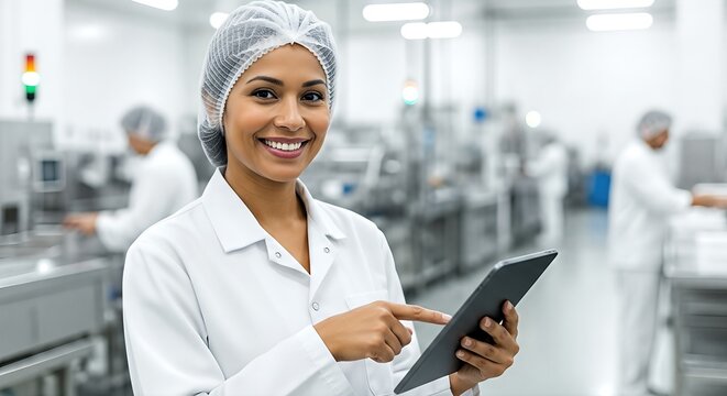 Quality control inspector using a digital tablet in a modern food factory