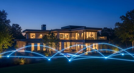 A modern house at night with illuminated garden and connected network lines, representing smart home technology and digital connectivity