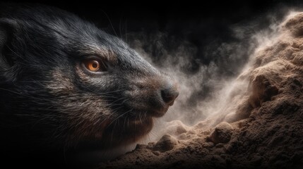 A close-up of a fierce Badger showcasing intricate details of its fur and eye, set against a dramatic backdrop of dust and shadow.