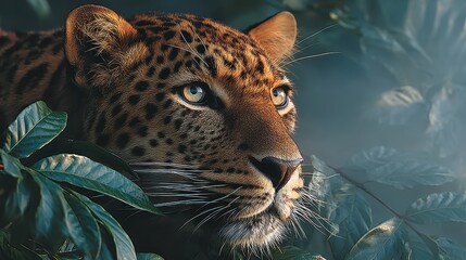 Close-up of a majestic leopard gazing through lush greenery, showcasing its stunning features and vibrant eyes.