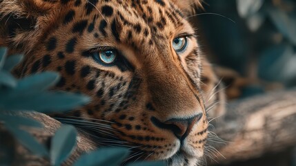 Close-up portrait of a majestic leopard resting among leaves, showcasing its striking blue eyes and beautiful fur patterns.