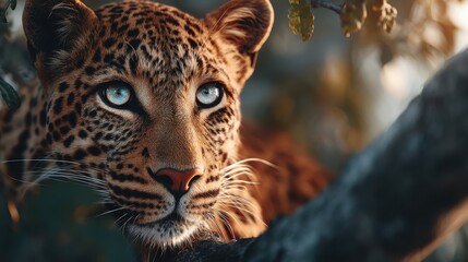 A striking close-up of a leopard perched elegantly on a tree branch, showcasing its beautiful fur and captivating eyes.