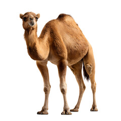 Majestic camel stands alone on a transparent background, full body shot, art style design.