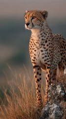 A majestic cheetah stands confidently on a rock, surveying its surroundings in the golden light of dawn.