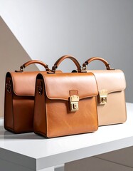 Three leather handbags in varying shades of brown on a white surface