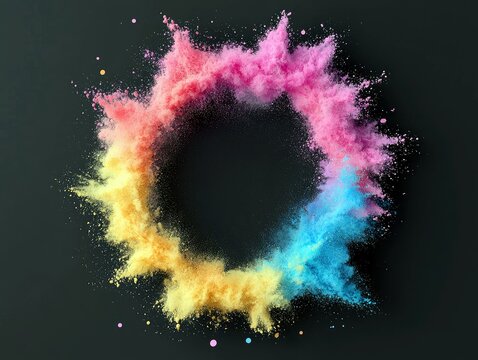 A dynamic circular explosion of pink, yellow, and blue powder creates a vibrant frame against a dark, textured background.