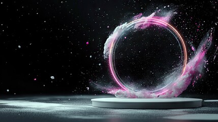 A circular neon light frame is surrounded by a dynamic explosion of pink and white powder against a dark, star-speckled background.