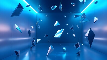 Crystalline Shards Suspended in a Neon Blue Digital Void
Reflective geometric fragments shatter the stillness of a futuristic, glowing tunnel.