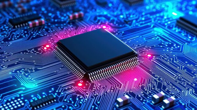 Integrated circuit microchip processor printed circuit board motherboard semiconductor circuit board electronic component glowing neon blue magenta