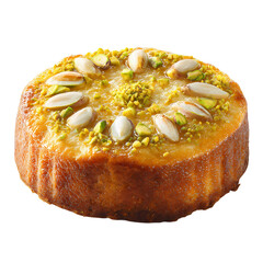 Deliciously decorated cake with almonds and pistachios, isolated on a transparent background.