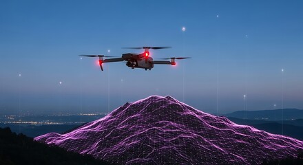 Drone flying over a mountain at night, capturing data with sensors and artificial intelligence, showcasing the future of technology and innovation