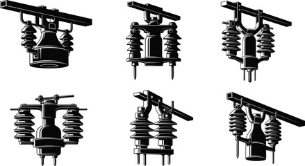High voltage electrical insulators on utility pole crossarms for power transmission and distribution system infrastructure engineering illustration set