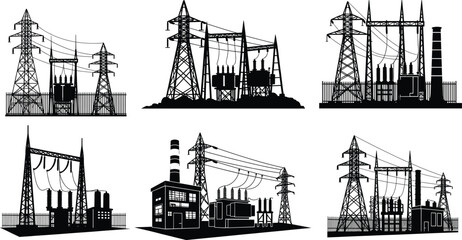 Industrial energy infrastructure vector set featuring electrical substations, power plants, transmission towers, transformers, and high-voltage grid components in silhouette style.