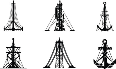 Industrial silhouettes of towers, anchors, and launch structures in black vector style, blending engineering and nautical themes for technical design concepts.