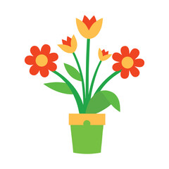 Potted colorful flowers in a green pot - flat illustration Vector