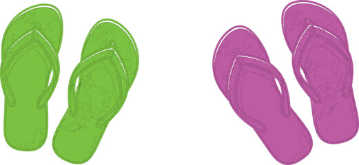 The image prominently features two distinct pairs of flip-flops. This immediately tells us the subject matter is footwear.