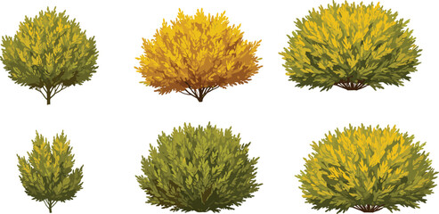 Set of seasonal bush illustrations with green and yellow foliage, perfect for landscape design, gardening, nature scenes, and botanical projects.