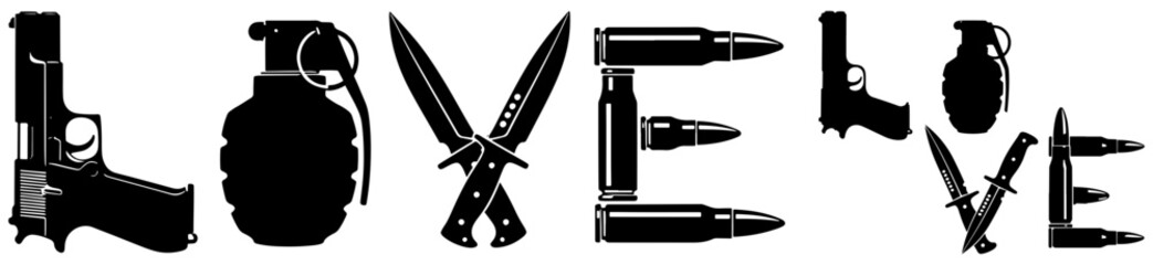 Love concept with weapons and ammunition forming the letters, a dark and edgy statement isolated on