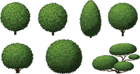 Set of stylized green trees with various shapes, foliage density, cartoon forest elements, nature icons, isolated vector illustration collection