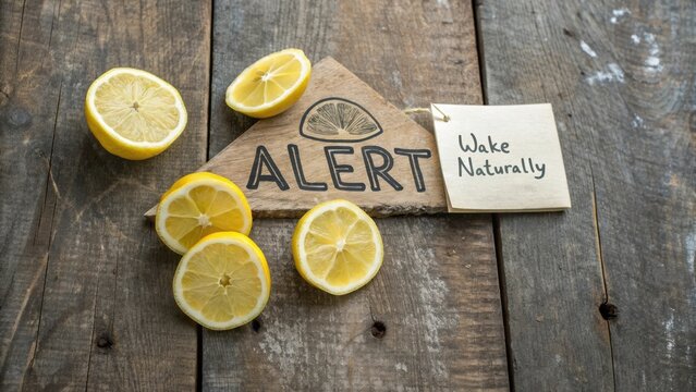 Bright Yellow Lemons for Natural Awakening and Refreshing Start with Wooden Sign on Rustic Table