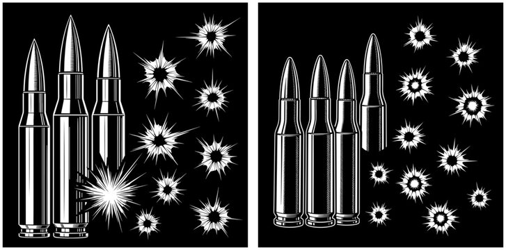 Bullet holes and bullets isolated on, a symbol of violence and danger, vector illustration