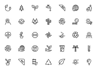 Nature icon set. Eco vector illustrations. Featuringbio energy, recycling, plats, trees, earth, wind mil, eco bulb and more. Minimlist line art.