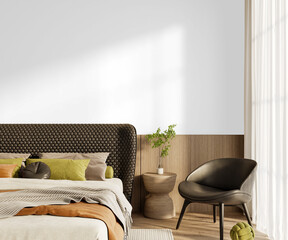 Modern Bedroom Corner PNG – Front View Bed, Side Table, Armchair, Plant and Decor on Transparent Wall Background