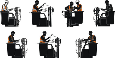 Vector illustration of utility worker operating aerial lift bucket with safety gear, performing maintenance tasks, teamwork, and cable handling procedures.