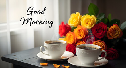Good Morning Coffee & Roses: A vibrant display of nature's beauty and the simple pleasure of morning rituals, capturing the essence of a serene and welcoming start to the day.