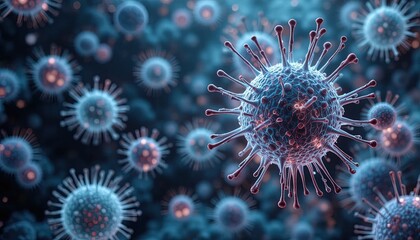 Detailed microscopic view of infectious virus cells, perfect for medical research, science education, and healthcare campaigns discussing disease prevention
