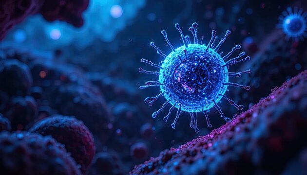 See the striking, detailed structure of a virus cell in vivid blue and pink, perfect for scientific research or medical illustration projects