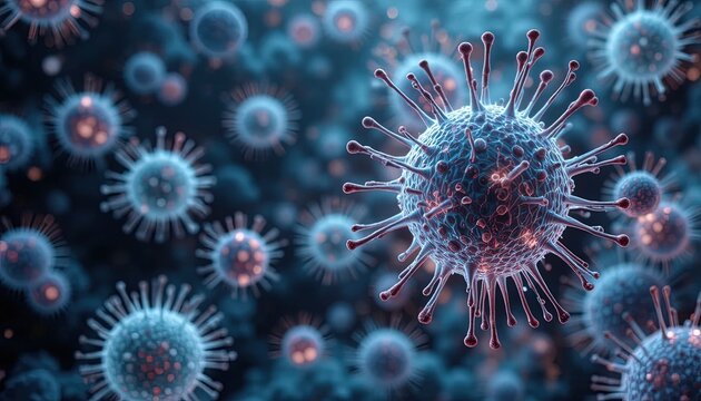 Detailed microscopic view of infectious virus cells, perfect for medical research, science education, and healthcare campaigns discussing disease prevention