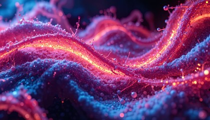 Stunning microscopic world of vibrant cells glowing with energy, perfect for scientific research or futuristic technology designs, vivid and captivating art