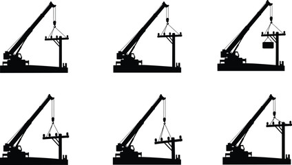 Construction crane lifting operations vector set with beam, block, hook, silhouette icons for industrial, engineering, and building design