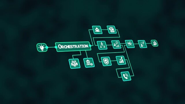 Business Process Orchestration Fluorescent Diagram Visualization Representing Connected Flow Components, Digital Coordination, and Integrated Operational Management Systems.