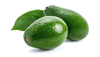 Two ripe avocados with a single leaf against a stark white background