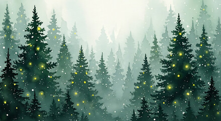 Watercolor painting of a serene winter forest with snowcovered fir trees and glowing lights, creating a magical atmosphere