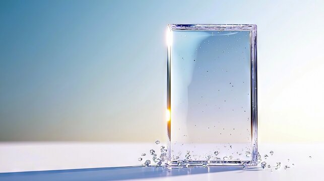 A clear glass container filled with clear liquid and small particles, with water droplets splashing around its base, set against a soft blue and white gradient