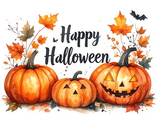 Watercolor festive Halloween greeting with pumpkins and fall leaves