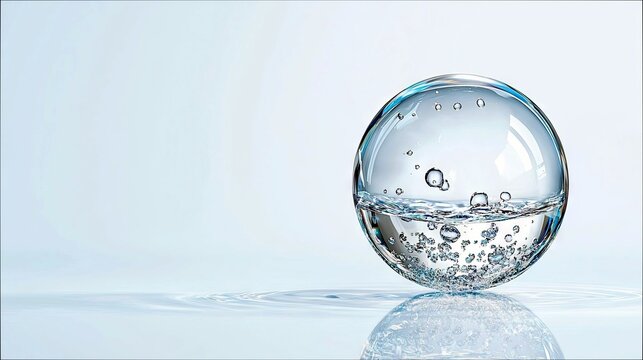 A transparent glass sphere containing water and numerous air bubbles sits on a rippling water surface against a soft blue background.