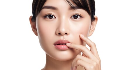 Front View Portrait of Asian Woman Touching Lips on White Background