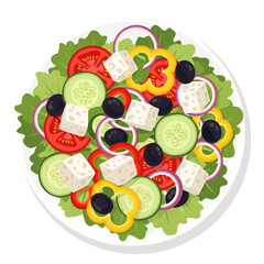 This vibrant top-down vector illustration features a fresh Greek salad with crisp lettuce, tomatoes, cucumbers, red onions, black olives, yellow peppers, and cubed feta cheese on a round white plate